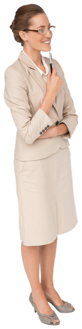 Thoughtful Businesswoman in Beige Suit on Transparent Background