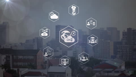 Digital Network Icons Overlay on Urban Cityscape Background