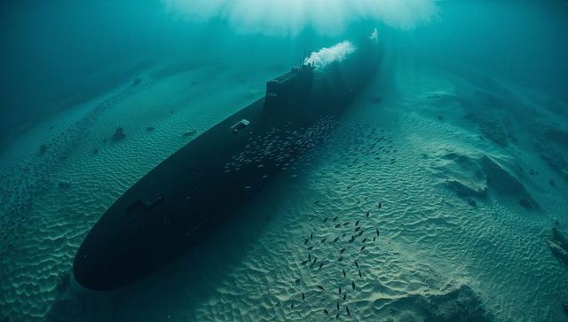 Resting submarine on rippled seabed emitting bubbles with schooling fish under teal light