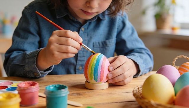 Child painting pastel rainbow easter egg on wooden table with paints and basket