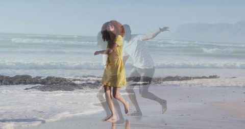 Family walking on sunlit beach with double exposure motion effect, carefree summer lifestyle