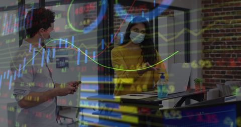 Masked business team analyzing financial data trends