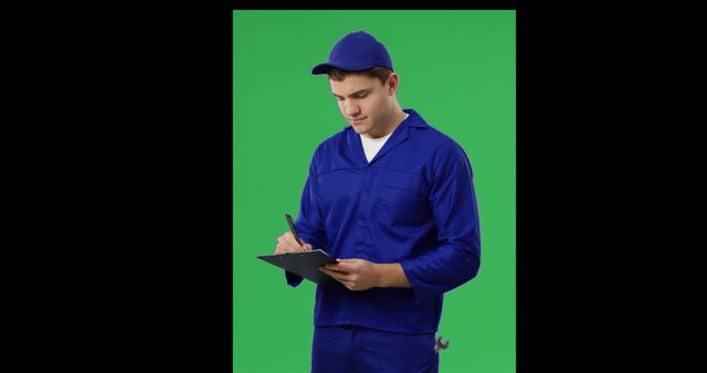 Young Technician in Blue Uniform Writing on Clipboard with Green Background - Download Free Stock Images Pikwizard.com