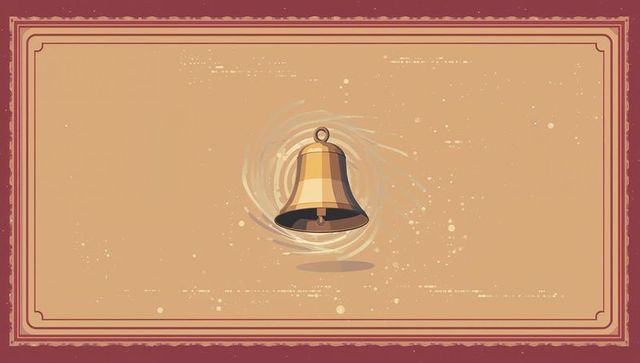 Ringing golden bell floating on aged parchment with ornamental maroon border