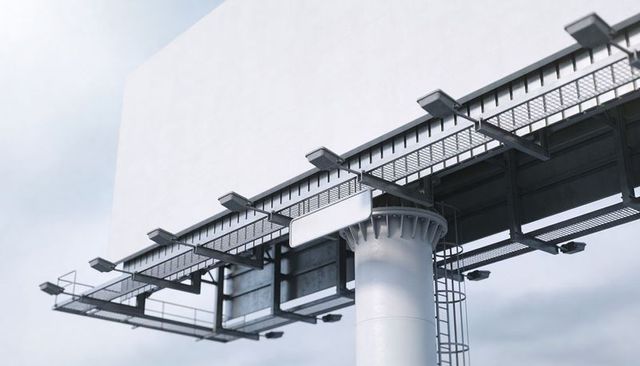Blank billboard mockup rising above highway with steel truss, column and service ladder, urban