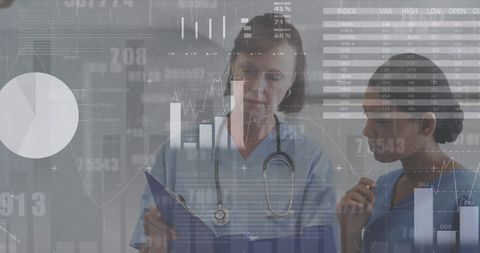 Diverse doctors analyzing data with digital interface overlay