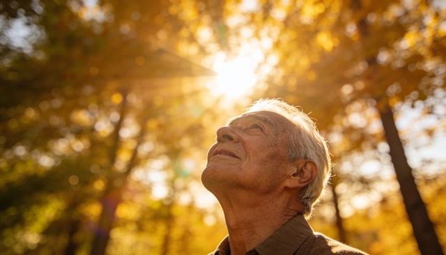 Senior man gazing upward in sunlit autumn park among golden foliage and warm sunflare