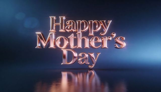Rose-gold 3d happy mother's day lettering floating above reflective stage with glossy bokeh