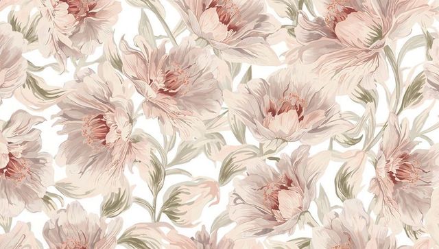 Allover peony pattern cream blush seamless floral wallpaper and textile surface design painterly wat