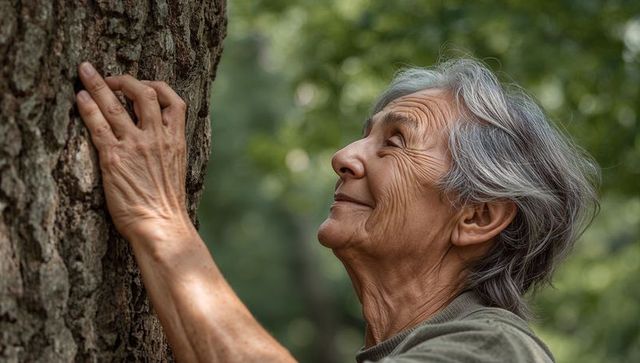Smiling senior woman touching tree trunk in forest, embracing nature and mindful aging