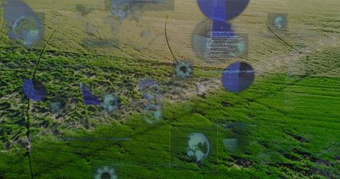 Smart Farming Aerial View with Digital Data Overlay in Green Field