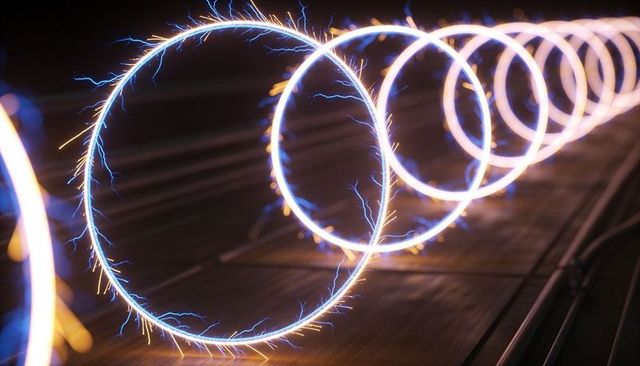 Glowing neon rings receding on wooden deck with blue electric filaments and golden sparks