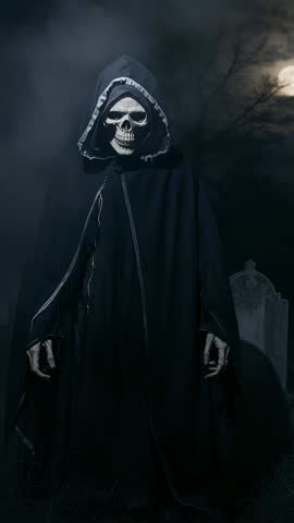 Hooded Skeleton Reaper Emerging in Moonlit Graveyard Fog, Cloak Rippling — Vertical Video