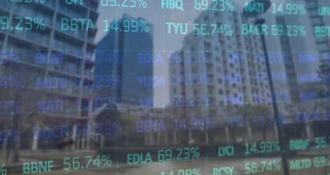 Digital Stock Market Trading Numbers Overlaying Cityscape