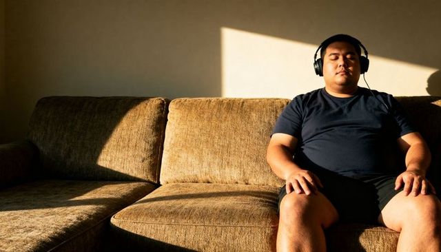 Relaxing man listening with over-ear headphones on brown sofa in warm golden sunlight
