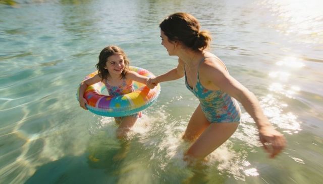 Mother and daughter smiling holding hands wading sunlit water with rainbow inflatable ring