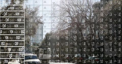 Translucent market ticker overlaying urban street with currency codes and parked suv