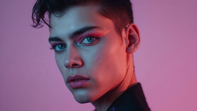 Model wearing neon eyeliner with bold cyan-magenta lighting