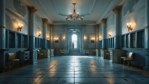 Mysterious Cloaked Figure in Elegantly Lit Vintage Hall