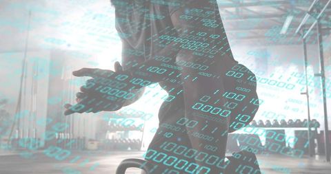 Woman preparing kettlebell grip in industrial gym with cyan binary code overlay