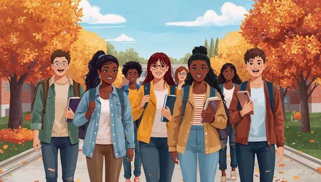 Diverse students enjoying autumn walk on college campus