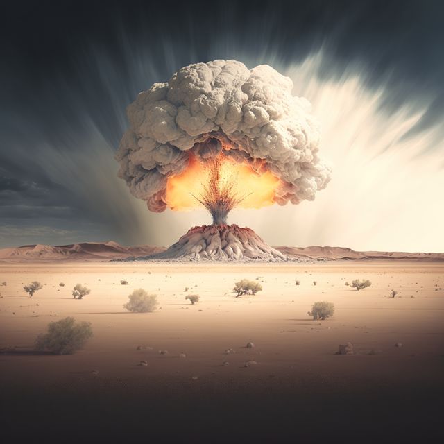 Image of landscape with nuclear explosion created using generative ai technology. Nuclear weapon, explosion and radiation concept, digitally generated image.