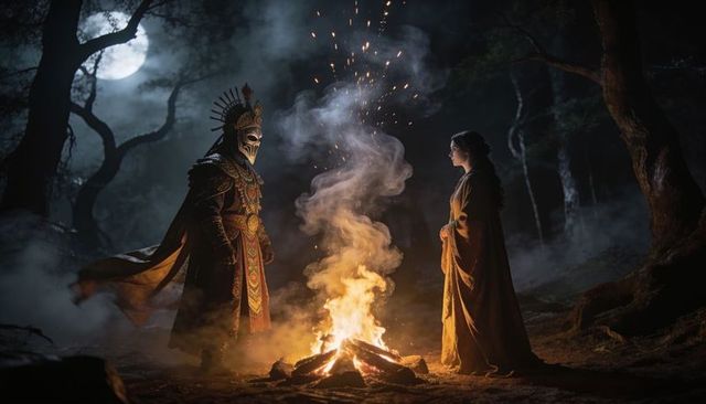 Moonlit ritual skull-masked guardian confronting cloaked woman at campfire in dark forest
