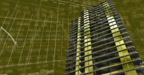 Digital Financial Data Concept Overlaying Modern Skyscraper