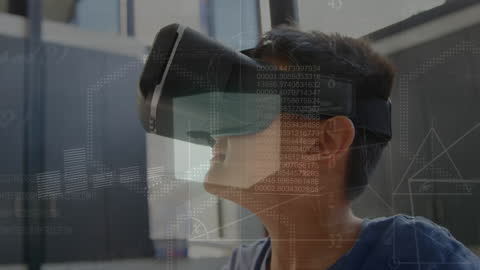 Man Exploring Virtual World Using VR Technology Amidst Data Overlay