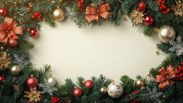 Festive holiday pine garland with ornaments surrounding cream panel