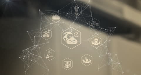 Digital Network Icons Overlaying Blurred Background