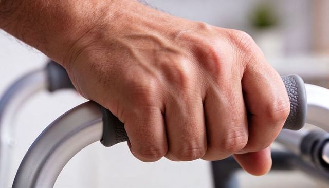 Senior hand gripping padded rolling walker handle close-up mobility support