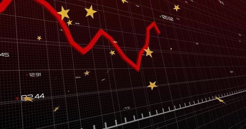 Red and Gold Digital Financial Data Chart with Declining Trendline