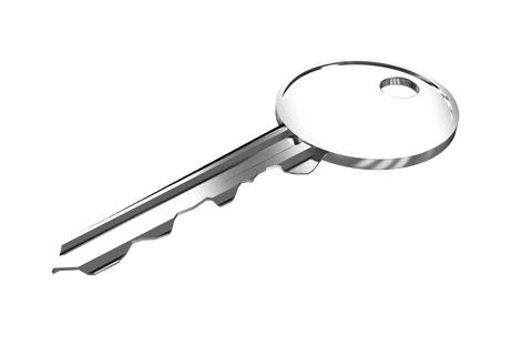 Silver metallic key on transparent background for security concepts
