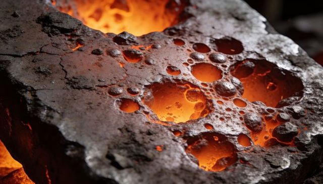 Glowing porous slag slab with molten pockets and ember detail for industrial textures