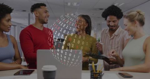 Diverse Team Collaborating on Data Security in Office Environment