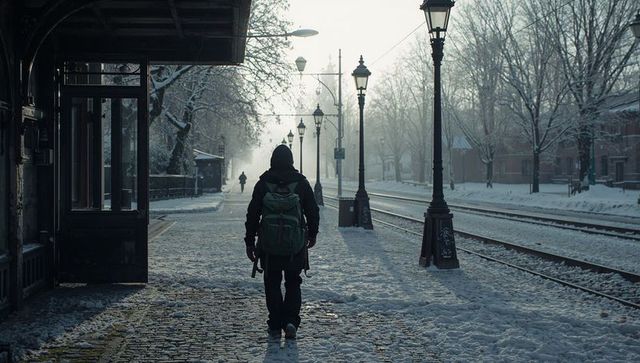 Solitary commuter walking cobblestone tram platform with green backpack in winter mist