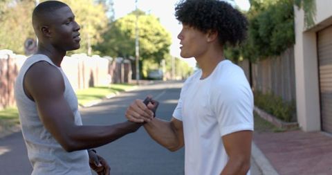 Friends Shaking Hands in Sunlit Suburban Street Highlighting Unity