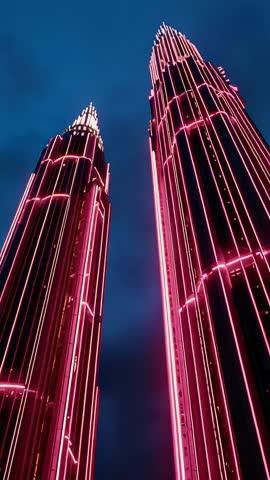 Twin skyscrapers glowing with pink neon at dusk, vertical cinematic futuristic cityscape