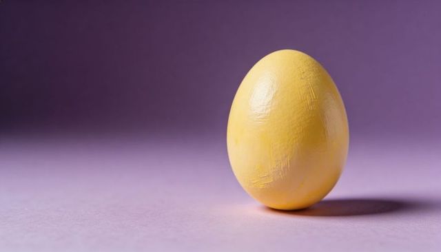 Yellow painted egg standing upright on lavender background with brushstroke texture