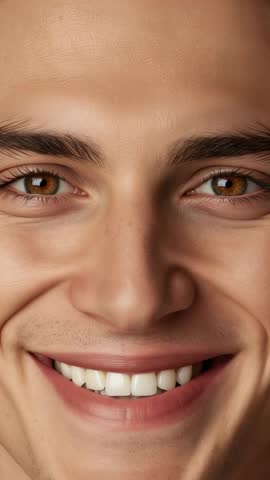 Young man transforming neutral expression into broad smile close-up vertical video
