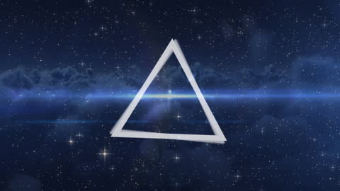 Abstract Rotating Triangle Over Cosmic Cloudscape with Starry Sky