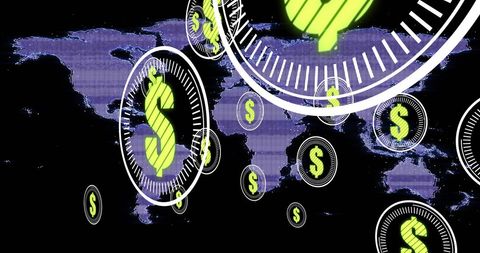 Global finance connections with dollar symbols on world map