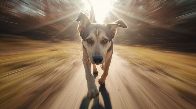 Dynamic low-angle running dog with motion blur, golden sunlight and lens flare