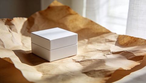 Minimal white square gift box on crumpled kraft paper with warm natural light and soft shadows