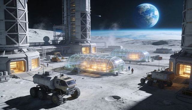 Lunar Greenhouses Illuminating Moon Base with Rovers, Towers and Earthrise