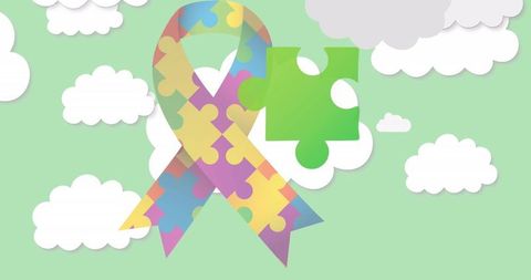 Colorful Puzzle Ribbon with Green Piece and Clouds on Mint Background