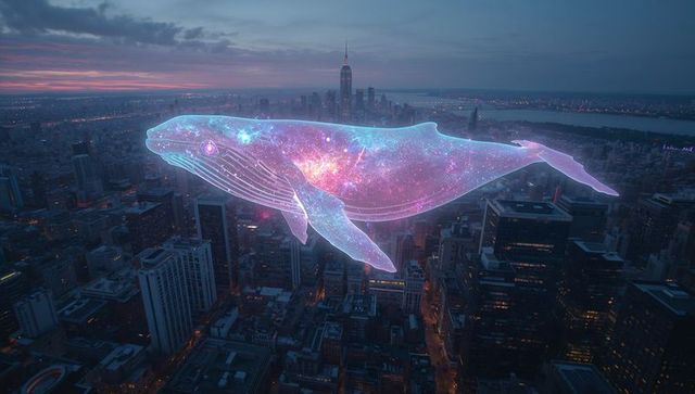 Translucent cosmic whale hologram drifting over urban skyline at dusk with nebula glow