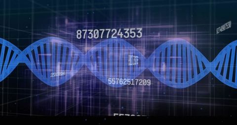 Visualizing genomic data with blue digital dna helix, numeric readouts and cyber grid