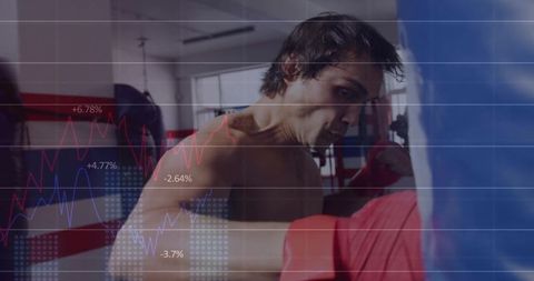 Boxer delivering punch on heavy bag with data charts overlaying performance metrics